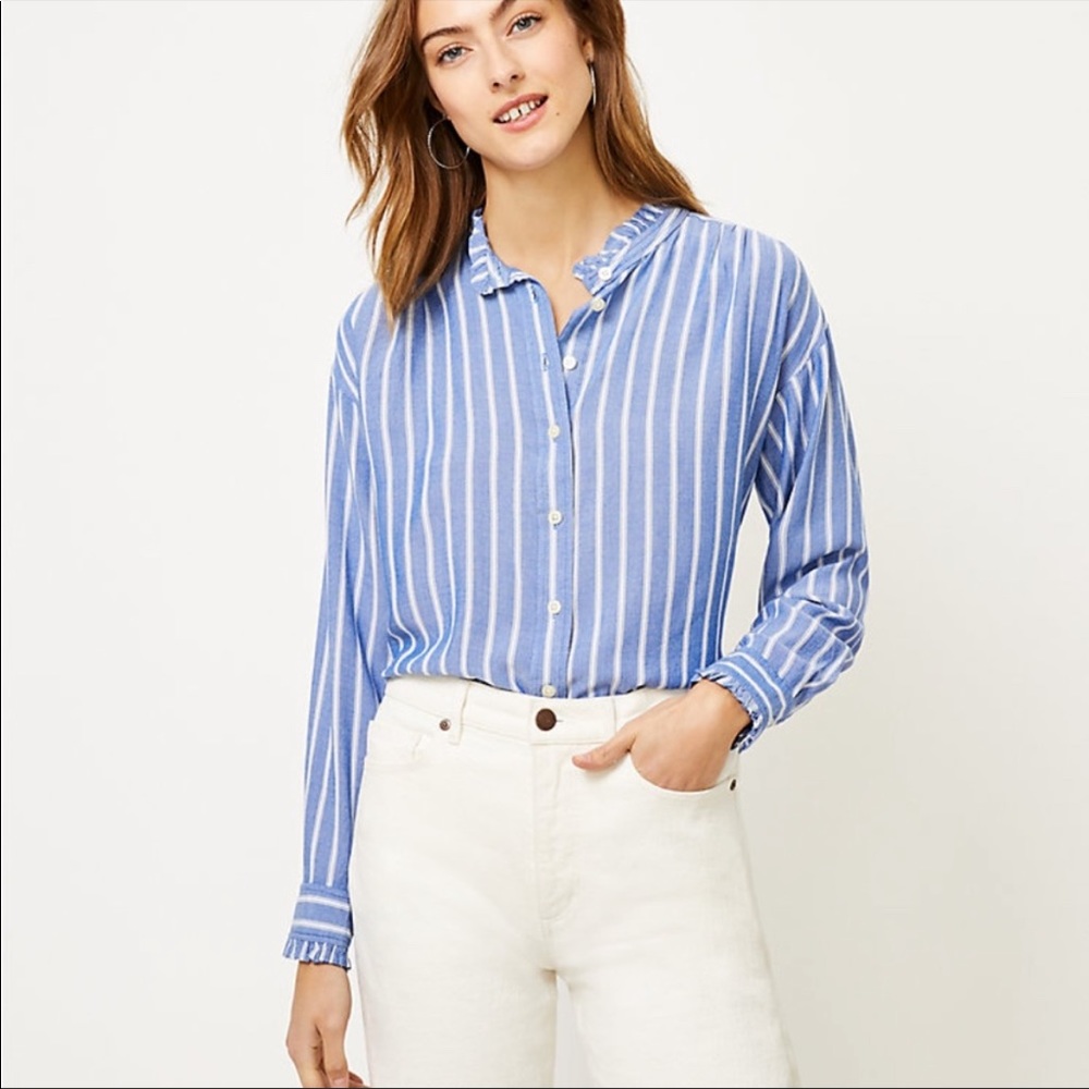 NWT LOFT Striped Ruffle Trim Shirt